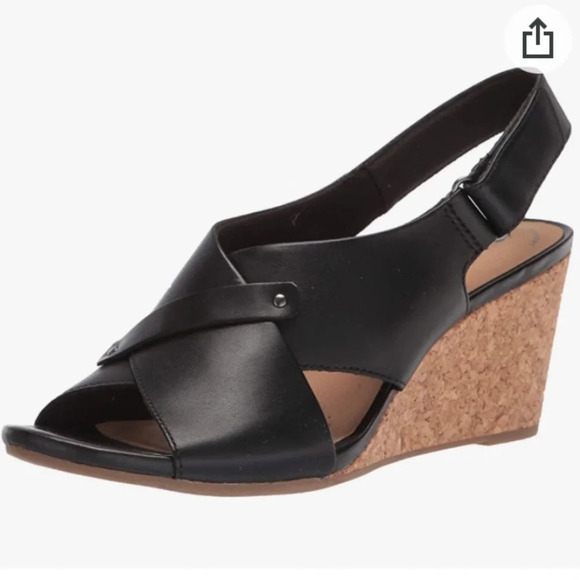 NIB Clarks Margee Eve Black Leather Slingback Cork Wedge 7 1/2W - Picture 8 of 15